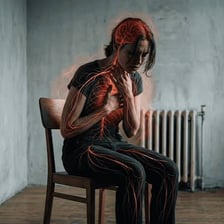 A visibly tense person sits with rigid posture.