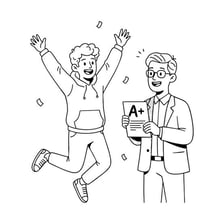 A student celebrating a high score on a test