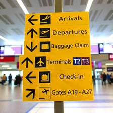 A traveler arriving at a destination marked by a road sign
