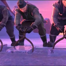 Ice harvesters cutting blocks of ice in a winter scene.