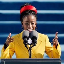 Amanda Gorman performing poetry at Super Bowl LV