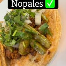 Tacos filled with cooked nopales, the pads of a prickly pear cactus.