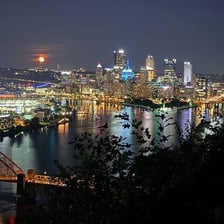 The Pittsburgh skyline associated with the city’s Steel City nickname.