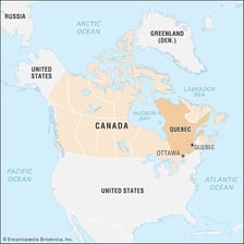 A map of Quebec highlighting the location of Montreal.
