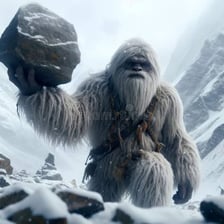 An artistic depiction of a Yeti in a snowy Himalayan landscape