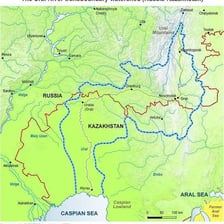 A map showing the Ural River running along part of the Europe–Asia boundary.