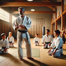 A karate instructor teaching students in a dojo.