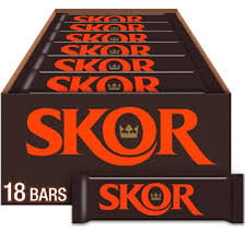 A SKOR chocolate bar with a toffee center.
