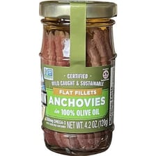 Anchovy fillets preserved in oil in a jar.