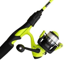 A fishing rod fitted with a reel beside a cast line.