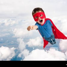 A superhero depicted flying upward into the sky.