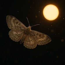 A moth flying near a bright outdoor light at night.
