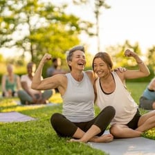 People practicing yoga on exercise mats.