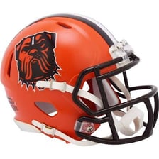 A Cleveland Browns football helmet displaying the team colors and logo