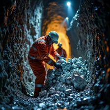 Miners inspecting a chunk of ore underground.