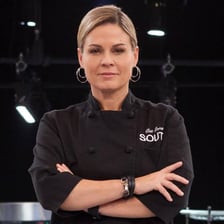 Celebrity chef Cat Cora in a professional kitchen