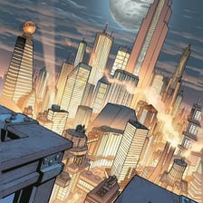 An illustrated city skyline representing Superman's Metropolis.