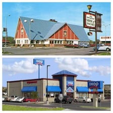 An IHOP restaurant building with its recognizable blue roof