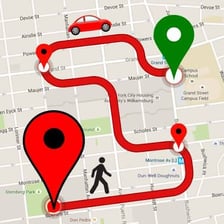A GPS map displaying a suggested driving route.