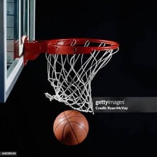The rim and net of a basketball hoop