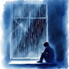 An illustration of a person looking sadly out a rainy window.