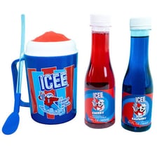 A brightly colored ICEE frozen drink in its branded cup.