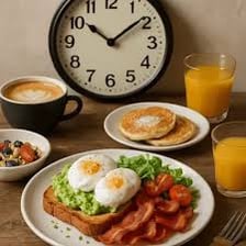 A brunch table beside a clock showing ten in the morning.