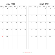 Calendar pages showing May immediately before June.