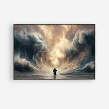 An illustration of Moses parting the Red Sea in the biblical Exodus story.