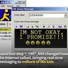 An early AOL instant-messaging interface on a computer screen.