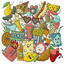 Assortment of miscellaneous objects presented in a humorous illustration