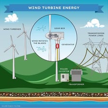 Wind turbines in a field alongside a household electricity bill.