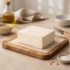 A rectangular block of tofu on a cutting board.