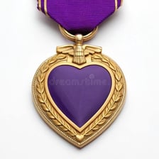 A Purple Heart military decoration shown in close-up