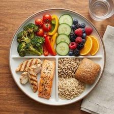 A plate of varied foods associated with healthy eating