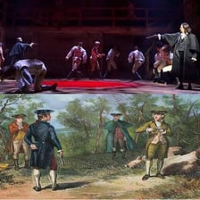 A staged duel scene from the musical Hamilton