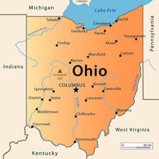 A map of Ohio marking Columbus, Cleveland, and Cincinnati.