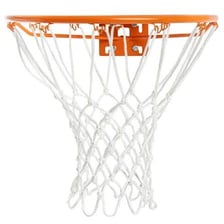 A basketball net hanging from a hoop rim