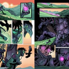 A reader looking at illustrated comic-book panels
