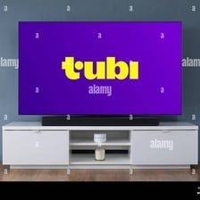The Tubi streaming service logo displayed on a television screen