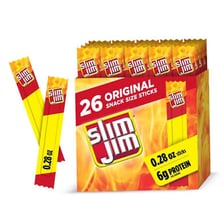 A packaged Slim Jim meat stick snack