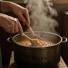 A person stirring soup in a cooking pot