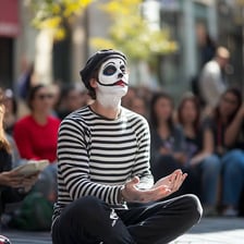 A mime performer wearing a black-and-white striped shirt.