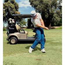 A golf course scene showing a golfer walking, using a cart, and swinging a club