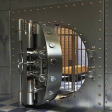 A bank vault with a large steel security door