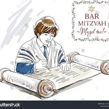 A Torah scroll being read during a bar mitzvah ceremony.
