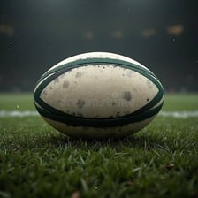 An oval-shaped rugby ball resting on grass
