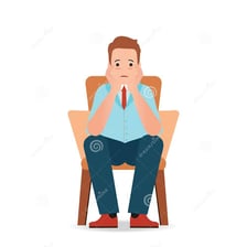 A nervous person sitting tensely on the edge of a chair