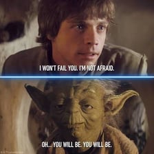 Yoda instructing Luke Skywalker in a Star Wars scene