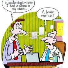 A person appearing to offer an unconvincing excuse